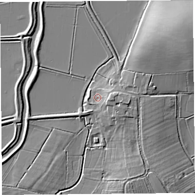 Shaded relief map of the ground around TA100DQ, computed from Environment Agency LiDAR. The ground here sits at about 9 m above sea level and falls 14 m across the surrounding 800 m. Surface water reaching this point runs off ground lying to the east, 4.7 m higher.