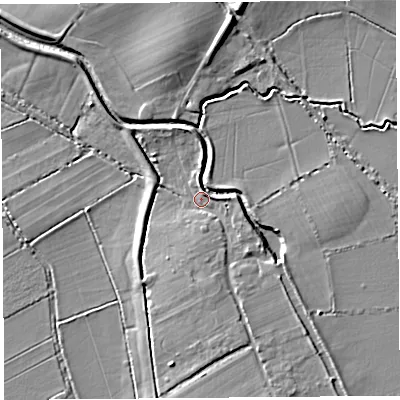 Shaded relief map of the ground around TA100DR, computed from Environment Agency LiDAR. The ground here sits at about 9 m above sea level and falls 9 m across the surrounding 800 m. Surface water reaching this point runs off ground lying to the south-south-east, 4.6 m higher.