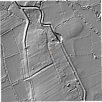 Shaded relief map of the ground around TA100DT, computed from Environment Agency LiDAR. The ground here sits at about 10 m above sea level and falls 7 m across the surrounding 800 m. Surface water reaching this point runs off ground lying to the south-south-east, 3.0 m higher.