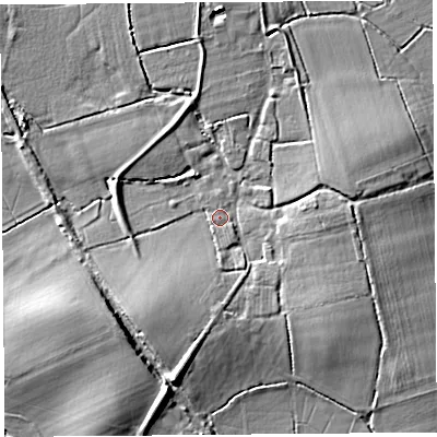 Shaded relief map of the ground around TA100DW, computed from Environment Agency LiDAR. The ground here sits at about 9 m above sea level and falls 8 m across the surrounding 800 m. Surface water reaching this point runs off ground lying to the south-south-west, 4.3 m higher.