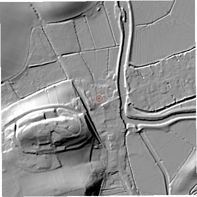 Shaded relief map of the ground around TA100DZ, computed from Environment Agency LiDAR. The ground here sits at about 9 m above sea level and falls 27 m across the surrounding 800 m. Surface water reaching this point runs off ground lying to the west-south-west, 2.8 m higher.