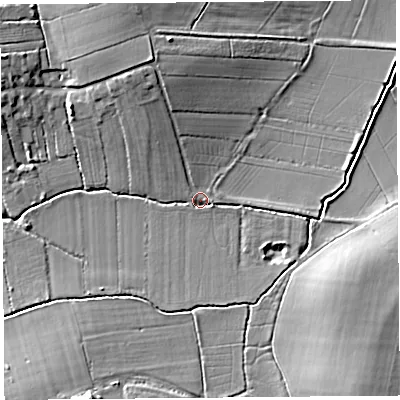 Shaded relief map of the ground around TA100LR, computed from Environment Agency LiDAR. The ground here sits at about 9 m above sea level and falls 11 m across the surrounding 800 m. Surface water reaching this point runs off ground lying to the north-north-west, 9.4 m higher.