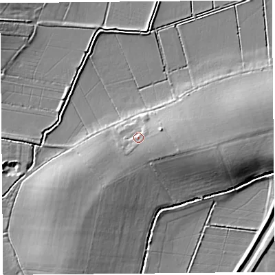 Shaded relief map of the ground around TA100LS, computed from Environment Agency LiDAR. The ground here sits at about 12 m above sea level and falls 9 m across the surrounding 800 m. Surface water reaching this point runs off ground lying to the east-south-east, 3.1 m higher.