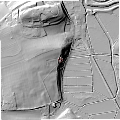 Shaded relief map of the ground around TA100NE, computed from Environment Agency LiDAR. The ground here sits at about 18 m above sea level and falls 27 m across the surrounding 800 m. Surface water reaching this point runs off ground lying to the north-west, 13.3 m higher.