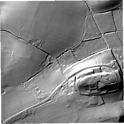 Shaded relief map of the ground around TA100NJ, computed from Environment Agency LiDAR. The ground here sits at about 9 m above sea level and falls 27 m across the surrounding 800 m. Surface water reaching this point runs off ground lying to the south-east, 24.2 m higher.