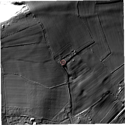 Shaded relief map of the ground around TA100NP, computed from Environment Agency LiDAR. The ground here sits at about 51 m above sea level and falls 41 m across the surrounding 800 m. Surface water reaching this point runs off ground lying to the north-west, 10.4 m higher.