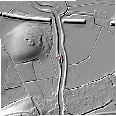 Shaded relief map of the ground around TA100PT, computed from Environment Agency LiDAR. The ground here sits at about 7 m above sea level and falls 18 m across the surrounding 800 m. Surface water reaching this point runs off ground lying to the south-west, 17.4 m higher.