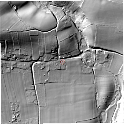 Shaded relief map of the ground around TA100QJ, computed from Environment Agency LiDAR. The ground here sits at about 32 m above sea level and falls 40 m across the surrounding 800 m. Surface water reaching this point runs off ground lying to the north-north-west, 15.6 m higher.
