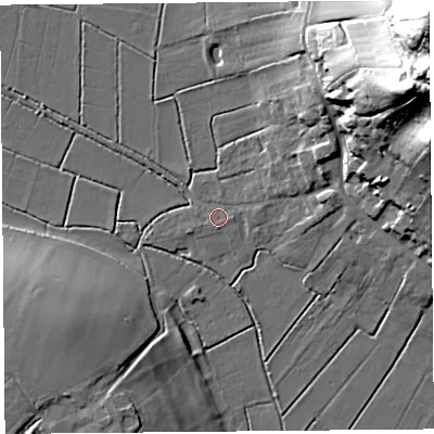 Shaded relief map of the ground around TA100QP, computed from Environment Agency LiDAR. The ground here sits at about 6 m above sea level and falls 75 m across the surrounding 800 m. Surface water reaching this point runs off ground lying to the east-north-east, 55.0 m higher.