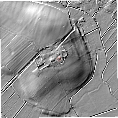 Shaded relief map of the ground around TA100QR, computed from Environment Agency LiDAR. The ground here sits at about 15 m above sea level and falls 13 m across the surrounding 800 m. Surface water reaching this point runs off ground lying to the north, 1.5 m higher.