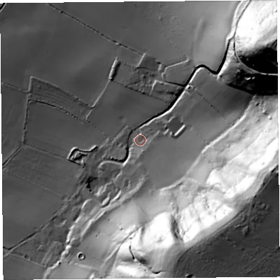 Shaded relief map of the ground around TA100QX, computed from Environment Agency LiDAR. The ground here sits at about 19 m above sea level and falls 100 m across the surrounding 800 m. Surface water reaching this point runs off ground lying to the south-east, 86.0 m higher.
