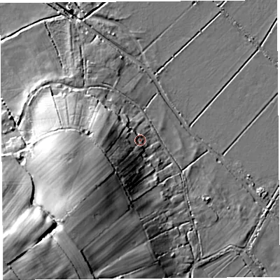 Shaded relief map of the ground around TA109BH, computed from Environment Agency LiDAR. The ground here sits at about 9 m above sea level and falls 40 m across the surrounding 800 m. Surface water reaching this point runs off ground lying to the south-west, 15.9 m higher.