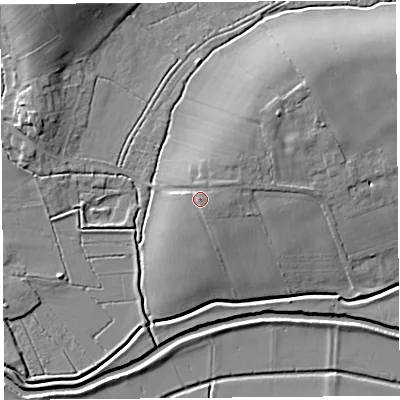 Shaded relief map of the ground around TA109EN, computed from Environment Agency LiDAR. The ground here sits at about 14 m above sea level and falls 13 m across the surrounding 800 m. Surface water reaching this point runs off ground lying to the east-north-east, 1.5 m higher.