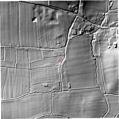 Shaded relief map of the ground around TA109EQ, computed from Environment Agency LiDAR. The ground here sits at about 12 m above sea level and falls 14 m across the surrounding 800 m. Surface water reaching this point runs off ground lying to the north-east, 1.7 m higher.