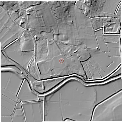 Shaded relief map of the ground around TA109HG, computed from Environment Agency LiDAR. The ground here sits at about 9 m above sea level and falls 11 m across the surrounding 800 m. The ground contributing surface water to this point lies to the south-west.
