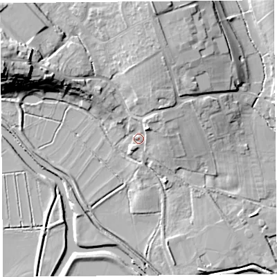 Shaded relief map of the ground around TA109HQ, computed from Environment Agency LiDAR. The ground here sits at about 11 m above sea level and falls 22 m across the surrounding 800 m. Surface water reaching this point runs off ground lying to the north-north-east, 5.4 m higher.