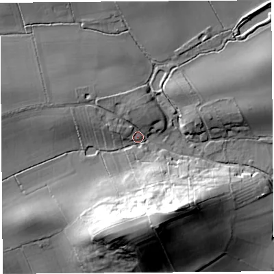 Shaded relief map of the ground around TA109HY, computed from Environment Agency LiDAR. The ground here sits at about 15 m above sea level and falls 38 m across the surrounding 800 m. Surface water reaching this point runs off ground lying to the south-south-east, 34.5 m higher.