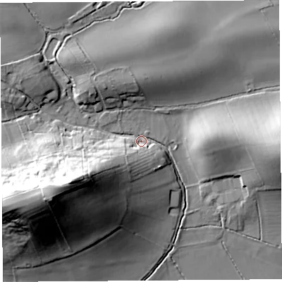 Shaded relief map of the ground around TA109HZ, computed from Environment Agency LiDAR. The ground here sits at about 12 m above sea level and falls 40 m across the surrounding 800 m. Surface water reaching this point runs off ground lying to the west-south-west, 38.0 m higher.