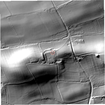 Shaded relief map of the ground around TA109JE, computed from Environment Agency LiDAR. The ground here sits at about 23 m above sea level and falls 25 m across the surrounding 800 m. Surface water reaching this point runs off ground lying to the west-south-west, 8.3 m higher.