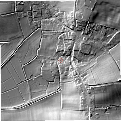 Shaded relief map of the ground around TA109JW, computed from Environment Agency LiDAR. The ground here sits at about 13 m above sea level and falls 25 m across the surrounding 800 m. Surface water reaching this point runs off ground lying to the east-south-east, 21.0 m higher.
