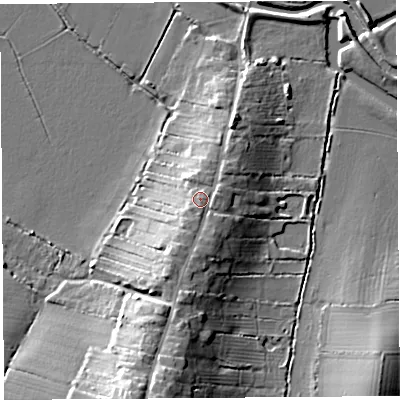 Shaded relief map of the ground around TA109JX, computed from Environment Agency LiDAR. The ground here sits at about 16 m above sea level and falls 17 m across the surrounding 800 m. Surface water reaching this point runs off ground lying to the south-south-west, 2.8 m higher.