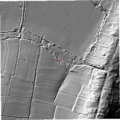Shaded relief map of the ground around TA109JZ, computed from Environment Agency LiDAR. The ground here sits at about 9 m above sea level and falls 19 m across the surrounding 800 m. Surface water reaching this point runs off ground lying to the south-west, 5.2 m higher.