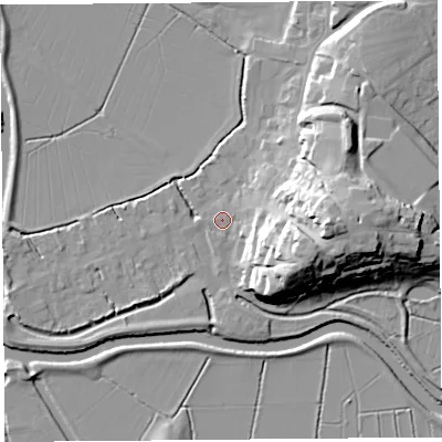 Shaded relief map of the ground around TA109PD, computed from Environment Agency LiDAR. The ground here sits at about 8 m above sea level and falls 26 m across the surrounding 800 m. Surface water reaching this point runs off ground lying to the east-south-east, 18.1 m higher.