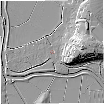 Shaded relief map of the ground around TA109PG, computed from Environment Agency LiDAR. The ground here sits at about 8 m above sea level and falls 26 m across the surrounding 800 m. Surface water reaching this point runs off ground lying to the east, 20.7 m higher.