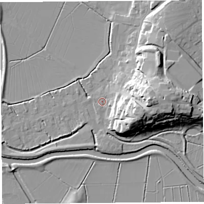 Shaded relief map of the ground around TA109PL, computed from Environment Agency LiDAR. The ground here sits at about 8 m above sea level and falls 26 m across the surrounding 800 m. Surface water reaching this point runs off ground lying to the east-south-east, 18.1 m higher.