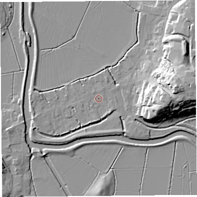 Shaded relief map of the ground around TA109PQ, computed from Environment Agency LiDAR. The ground here sits at about 8 m above sea level and falls 26 m across the surrounding 800 m. Surface water reaching this point runs off ground lying to the west-south-west, 3.5 m higher.