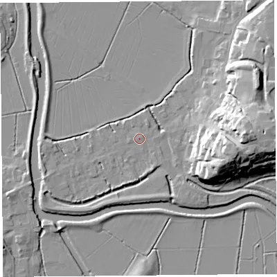 Shaded relief map of the ground around TA109PR, computed from Environment Agency LiDAR. The ground here sits at about 8 m above sea level and falls 26 m across the surrounding 800 m. Surface water reaching this point runs off ground lying to the east, 20.7 m higher.
