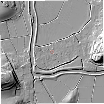 Shaded relief map of the ground around TA109PS, computed from Environment Agency LiDAR. The ground here sits at about 8 m above sea level and falls 26 m across the surrounding 800 m. Surface water reaching this point runs off ground lying to the north-north-east, 0.6 m higher.