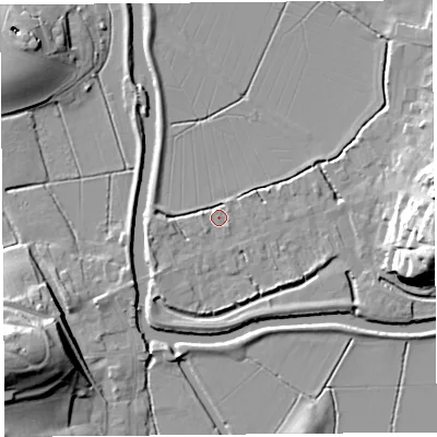 Shaded relief map of the ground around TA109PT, computed from Environment Agency LiDAR. The ground here sits at about 8 m above sea level and falls 26 m across the surrounding 800 m. Surface water reaching this point runs off ground lying to the south-east, 0.6 m higher.