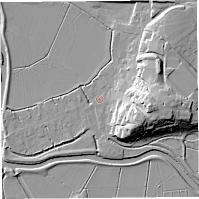 Shaded relief map of the ground around TA109PW, computed from Environment Agency LiDAR. The ground here sits at about 8 m above sea level and falls 26 m across the surrounding 800 m. Surface water reaching this point runs off ground lying to the east-south-east, 18.3 m higher.