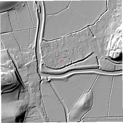 Shaded relief map of the ground around TA109PX, computed from Environment Agency LiDAR. The ground here sits at about 7 m above sea level and falls 26 m across the surrounding 800 m. Surface water reaching this point runs off ground lying to the west, 3.5 m higher.