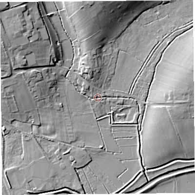 Shaded relief map of the ground around TA109QY, computed from Environment Agency LiDAR. The ground here sits at about 9 m above sea level and falls 17 m across the surrounding 800 m. Surface water reaching this point runs off ground lying to the north-north-west, 2.2 m higher.
