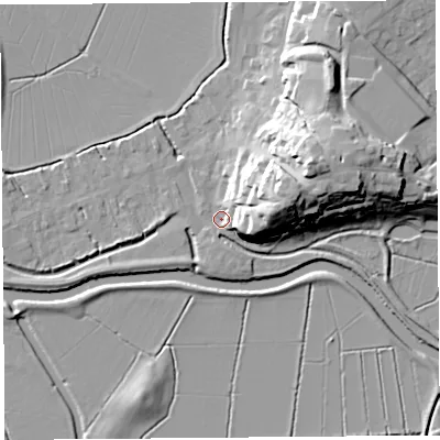 Shaded relief map of the ground around TA109RA, computed from Environment Agency LiDAR. The ground here sits at about 8 m above sea level and falls 26 m across the surrounding 800 m. Surface water reaching this point runs off ground lying to the east-north-east, 20.2 m higher.