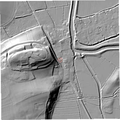 Shaded relief map of the ground around TA109RB, computed from Environment Agency LiDAR. The ground here sits at about 9 m above sea level and falls 27 m across the surrounding 800 m. Surface water reaching this point runs off ground lying to the west, 18.7 m higher.