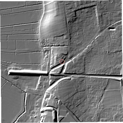 Shaded relief map of the ground around TA109RJ, computed from Environment Agency LiDAR. The ground here sits at about 17 m above sea level and falls 20 m across the surrounding 800 m. Surface water reaching this point runs off ground lying to the north, 11.7 m higher.