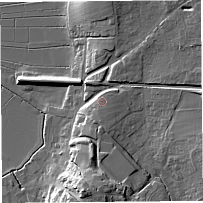 Shaded relief map of the ground around TA109RT, computed from Environment Agency LiDAR. The ground here sits at about 18 m above sea level and falls 26 m across the surrounding 800 m. Surface water reaching this point runs off ground lying to the north-east, 3.3 m higher.