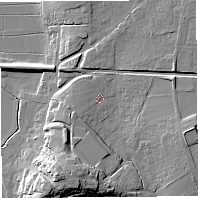 Shaded relief map of the ground around TA109RY, computed from Environment Agency LiDAR. The ground here sits at about 17 m above sea level and falls 26 m across the surrounding 800 m. Surface water reaching this point runs off ground lying to the north-west, 2.2 m higher.