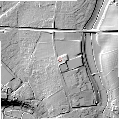 Shaded relief map of the ground around TA109SR, computed from Environment Agency LiDAR. The ground here sits at about 23 m above sea level and falls 20 m across the surrounding 800 m. Surface water reaching this point runs off ground lying to the south-east, 3.2 m higher.
