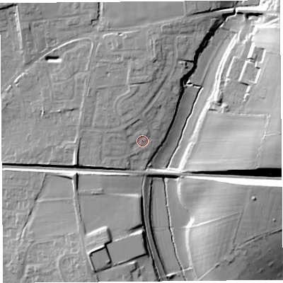 Shaded relief map of the ground around TA109TD, computed from Environment Agency LiDAR. The ground here sits at about 19 m above sea level and falls 22 m across the surrounding 800 m. Surface water reaching this point runs off ground lying to the west-north-west, 2.4 m higher.