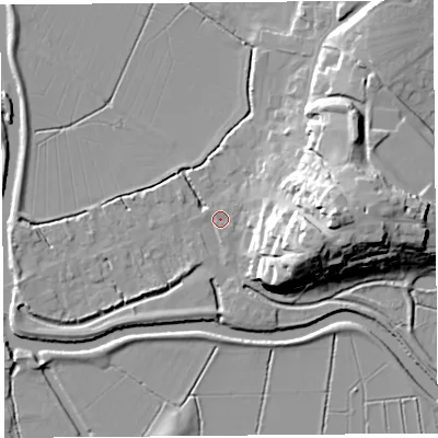 Shaded relief map of the ground around TA109ZD, computed from Environment Agency LiDAR. The ground here sits at about 8 m above sea level and falls 26 m across the surrounding 800 m. Surface water reaching this point runs off ground lying to the east-south-east, 20.7 m higher.