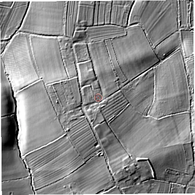 Shaded relief map of the ground around TA116DD, computed from Environment Agency LiDAR. The ground here sits at about 24 m above sea level and falls 18 m across the surrounding 800 m. Surface water reaching this point runs off ground lying to the south-south-west, 3.7 m higher.