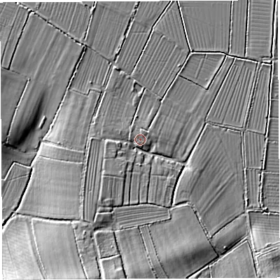 Shaded relief map of the ground around TA116GS, computed from Environment Agency LiDAR. The ground here sits at about 14 m above sea level and falls 12 m across the surrounding 800 m. Surface water reaching this point runs off ground lying to the south-west, 6.4 m higher.