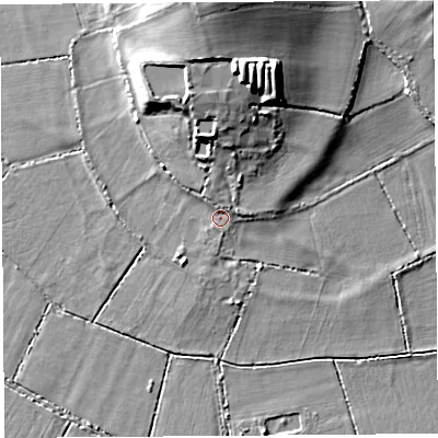 Shaded relief map of the ground around TA116PD, computed from Environment Agency LiDAR. The ground here sits at about 9 m above sea level and falls 23 m across the surrounding 800 m. Surface water reaching this point runs off ground lying to the north-north-east, 15.7 m higher.