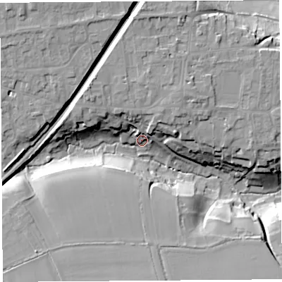 Shaded relief map of the ground around TA117AA, computed from Environment Agency LiDAR. The ground here sits at about 28 m above sea level and falls 31 m across the surrounding 800 m. Surface water reaching this point runs off ground lying to the north, 15.2 m higher.