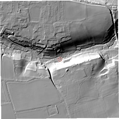 Shaded relief map of the ground around TA117AF, computed from Environment Agency LiDAR. The ground here sits at about 21 m above sea level and falls 27 m across the surrounding 800 m. Surface water reaching this point runs off ground lying to the south, 22.2 m higher.