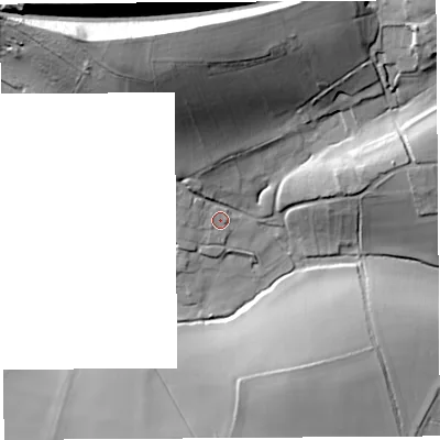Shaded relief map of the ground around TA117AL, computed from Environment Agency LiDAR. The ground here sits at about 20 m above sea level and falls 41 m across the surrounding 800 m. Surface water reaching this point runs off ground lying to the north-north-west, 35.8 m higher.